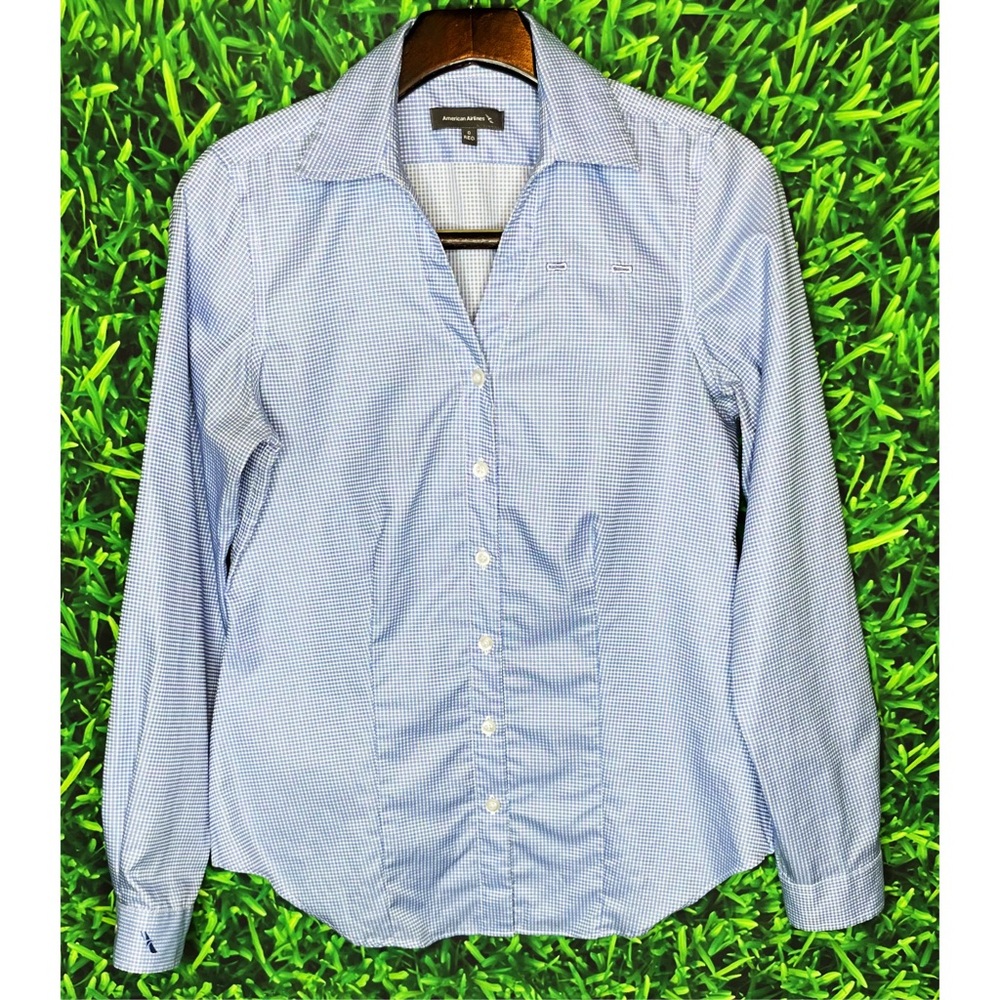 American Airlines Gingham Blue Button Front Women’s Uniform Employee Shirt
